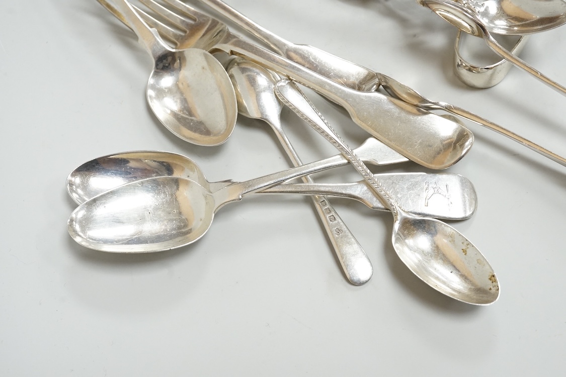 A small group of assorted mainly 20th century silver flatware, including teaspoons, replica spoons, dessert forks, sifter spoon, tea strainer, condiment spoons, Dutch white metal spoons, etc, various dates and makers, 17
